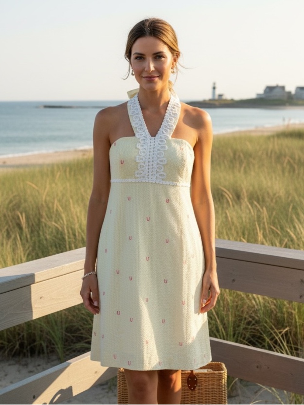 Lilly Pulitzer Pale Yellow Halter Midi Dress with White Lace